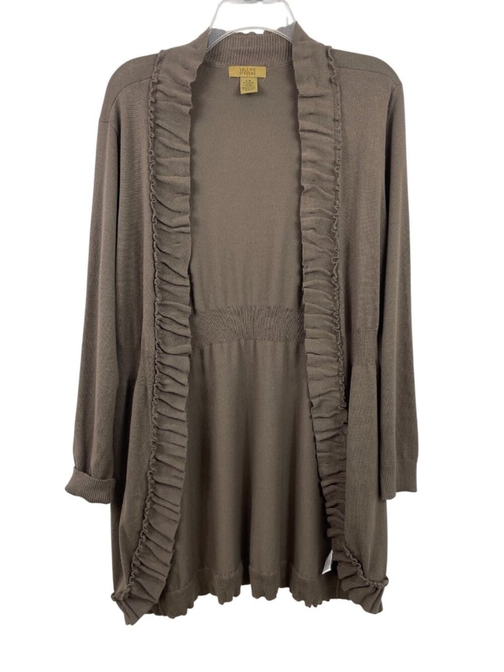 Valerie Stevens Sweater Long Brown Cardigan Open Front Ruffle Hem Womens Large